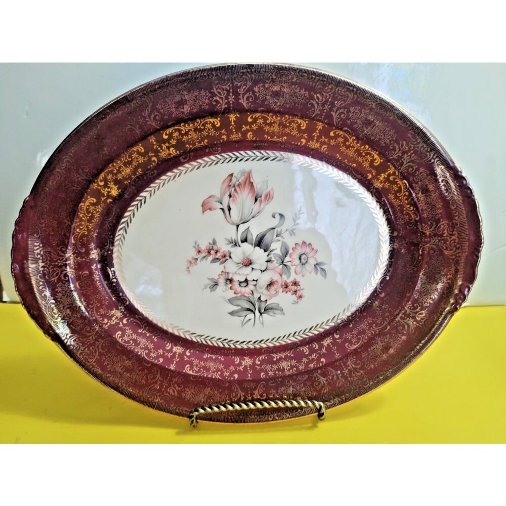 Homer Laughlin Lady Irene Oval Serving Platter Deep Maroon 22k Gold E52N8